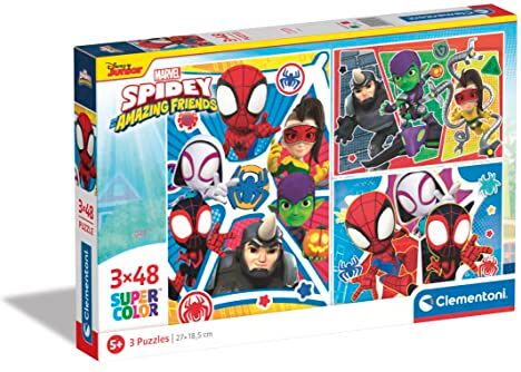 Clementoni Supercolor Marvel Spidey and His Amazing Friends-3X48 (Include 3 48 Pezzi) Bambini 4 Anni, Puzzle Cartoni Animati-Made In Italy, Multicolore,