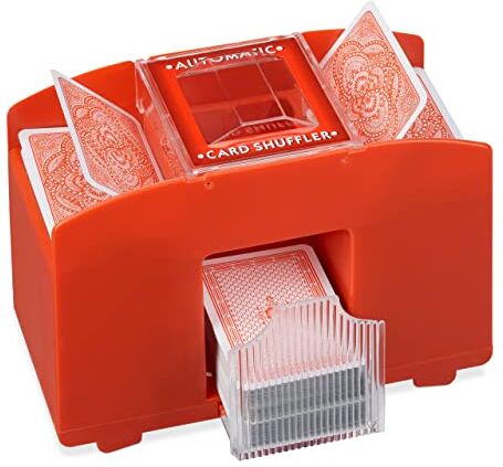 Relaxdays Mescolatore Automatico per 4 Mazzi di Carte Standard, Macchinetta Mischiacarte Fino a 91 mm, Plastica, Rosso, 50%