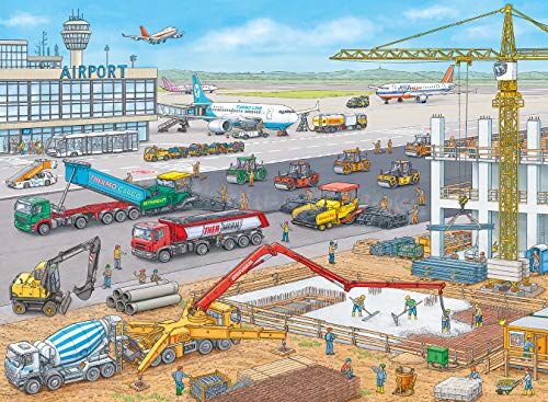 Ravensburger - Cantiere in aeroporto Animals Puzzle 100 Pezzi, Multicolore,