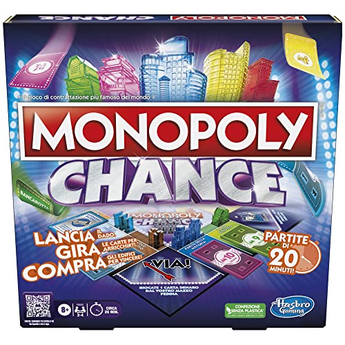 Hasbro Monopoly Chance gioco da tavolo, gioco per famiglie di Monopoly veloce da 2 a 4 giocatori, 20 min. circa