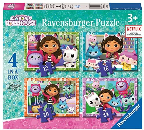 Ravensburger Puzzle Gabby's Dollhouse, Collezione 4 in a Box, 4 puzzle da 12-16-20-24 Pezzi, Età Raccomandata 3+ Anni