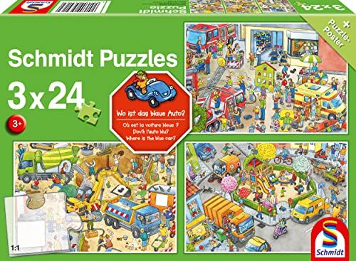 Schmidt Spiele Dove è l'auto Blu-Puzzle per Bambini 3 x 24 Pezzi, Multicolore