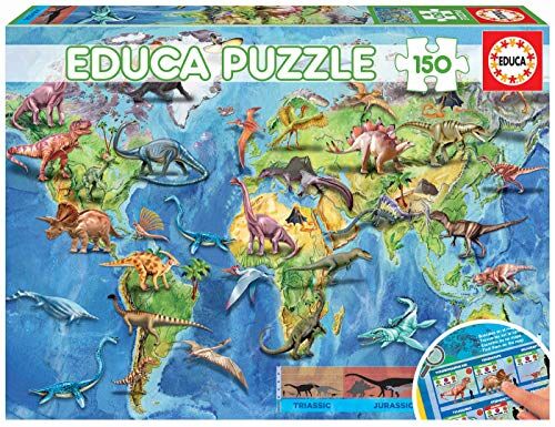 Educa Puzzle da 150 pezzi per bambini   Geopuzzle Dinosauri. Misura: 48 x 34 cm. Composto da pezzi di grandi dimensioni. Da 6 anni. Comprende una tavola con curiosità sui dinosauri. +6 anni ()