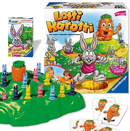 Ravensburger Lotti Karotti, Gioco da tavole + gioco di carte Quartett per bambini e adulti, per 2-4 giocatori, per bambini dai 4 anni in su, Esclusivo Amazon