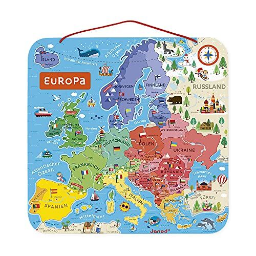 Janod Carta dell’ Europa Magnetica in Legno 40 Calamite Puzzle Didattico Geografia Da Appendere Al Muro Versione Tedesca Da 7 Anni in Su,
