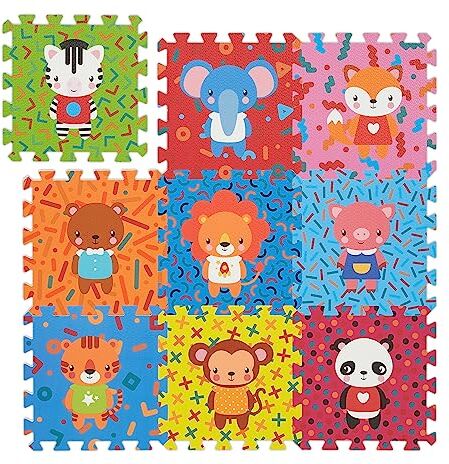 Relaxdays Tappeto Gioco Bambini, Tappetone Puzzle 9 Tasselli con Animali, Tappetino per Gattonare, Play Mat, Colorato, 0,7 m²