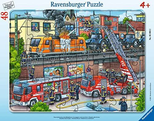 Ravensburger - Puzzle Cornice 30-48 Pezzi-I Vigili del Fuoco sulla ferrovia Bambino, Colore Bianco,