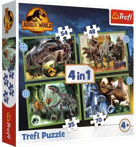 Trefl 4in1, 35 a 70 pezzi Dinosauri, Jurassic Park, Diversi Gradi di Difficoltà, per Bambini dai 4 anni Puzzle, Colore World Dominion, Pericolosi,