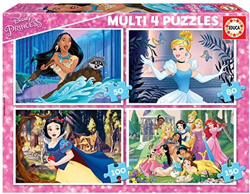 Educa Multi 4 puzzle   Disney Princess. Set di 4 puzzle per bambini progressivi da 50 a 150 pezzi. Misura una volta montato: 34 x 24 cm. Raccomandato da 5 anni ()