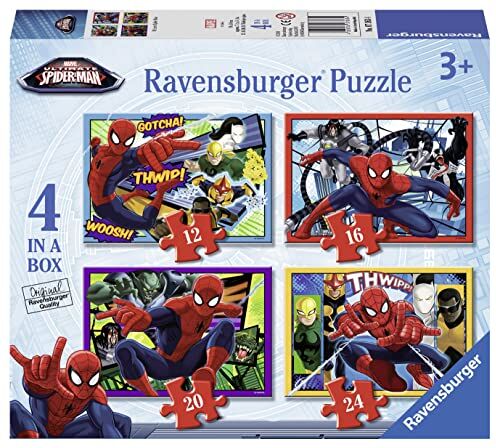 Ravensburger Puzzle, Ultimate Spider-Man, 4 Puzzle in a Box, 12-16-20-24 Pezzi, Puzzle per Bambini, Puzzle Spiderman, Età Consigliata 3+ Anni