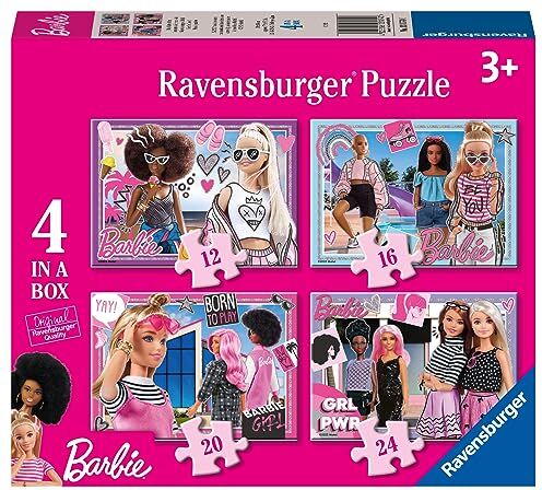 Ravensburger Puzzle Barbie, Collezione 4 in a Box, 4 puzzle da 12-16-20-24 Pezzi, Età Raccomandata 3+ Anni