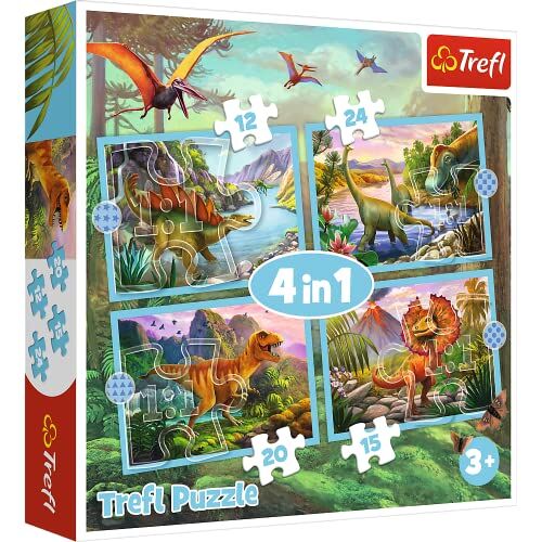 Trefl 4in1, 4, 12 a 24 pezzi dinosauri, diversi livelli di difficoltà, divertimento, per bambini sopra i 3 anni puzzle, Colore eccezionali,