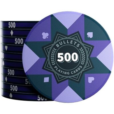 Bullets Playing Cards , Poker Chip Paulie in ceramica con valori, rotolo da 25 (viola, 500) Bullets Playing Cards , Poker Chip Paulie in ceramica con valori, rotolo da 25 (viola, 500)