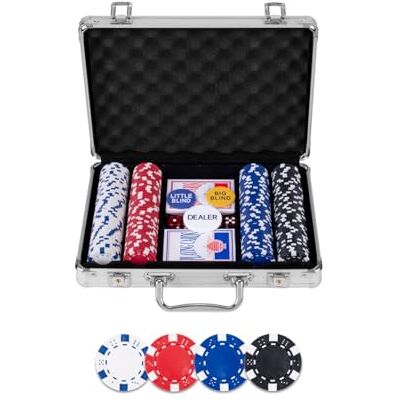Engelhart 320905 Set completo di poker con valigetta metallica argento, 200 fiches da 11,5 g senza numerazione, 2 mazzi di carte, 3 pulsanti dealer e 5 dadi Engelhart 320905 Set completo di poker con valigetta metallica argento, 200 fiches da 11,5 g senza numerazione, 2 mazzi di carte, 3 pulsanti dealer e 5 dadi