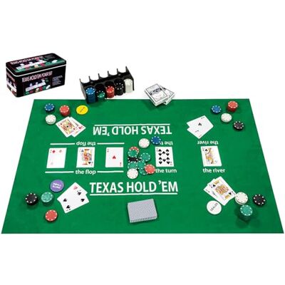 Engelhart 320900 Set completo di poker – Scatola in metallo con tappetini, 200 gettoni da 4 g, 2 mazzi di carte, pulsanti da croupier, piccola e grande blind, regole incluse Engelhart 320900 Set completo di poker – Scatola in metallo con tappetini, 200 gettoni da 4 g, 2 mazzi di carte, pulsanti da croupier, piccola e grande blind, regole incluse