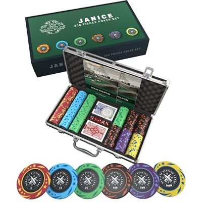 Bullets Playing Cards , Janice Set da poker con 300 chip da poker in plastica con valori, con pulsante in ceramica e carte da poker Bullets Playing Cards , Janice Set da poker con 300 chip da poker in plastica con valori, con pulsante in ceramica e carte da poker