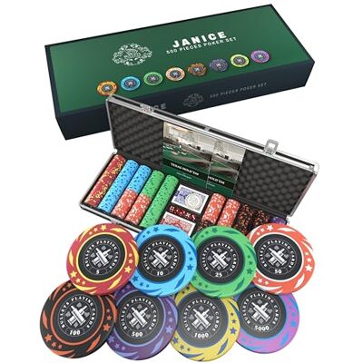 Bullets Playing Cards Poker Case 500 gettoni in plastica Set completo con carte, dadi e bottone in ceramica Design Janice Bullets Playing Cards Poker Case 500 gettoni in plastica Set completo con carte, dadi e bottone in ceramica Design Janice