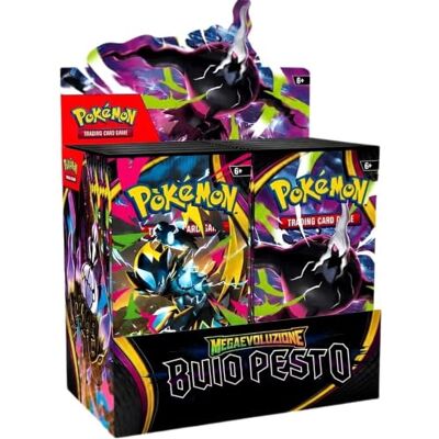 Pokémon Carte Megaevoluzione BUIO PESTO del GCC espositore sigillato con 36 buste da 10 carte edizione in italiano Pokémon Carte Megaevoluzione BUIO PESTO del GCC espositore sigillato con 36 buste da 10 carte edizione in italiano