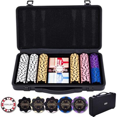 Engelhart 320950 Set Poker Valigetta in Metallo Nero con 300 Gettoni (14 g) Senza Numero, 2 Set di Carte, 1 Bottone da Croupier, 5 Dadi Engelhart 320950 Set Poker Valigetta in Metallo Nero con 300 Gettoni (14 g) Senza Numero, 2 Set di Carte, 1 Bottone da Croupier, 5 Dadi
