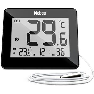Mebus digitales Thermometer Innen und Außen mit kabelgebundenem Außensensor, Uhrzeit, Min/Max-Werte, Farbe: Schwarz, Modell: Mebus digitales Thermometer Innen und Außen mit kabelgebundenem Außensensor, Uhrzeit, Min/Max-Werte, Farbe: Schwarz, Modell: