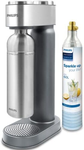 Philips GoZero Gasatore d’acqua frizzante , bottiglia d'acqua da 1 L in acciaio inossidabile lavabile in lavastoviglie, bombola di CO2 per 60 L, Grigio