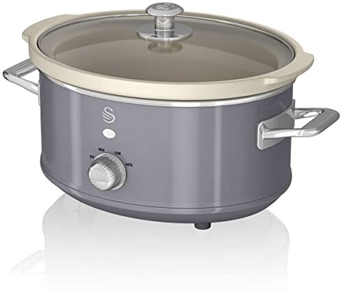 Swan Retro  Slow Cooker 3,5L Contenitore di Cottura Rimovibile, Ceramic Non-Stick PFOA & PTFE Free, 3 Livelli di Temperatura, Coperchio di Vetro, Design Vintage, Grigio, 200W