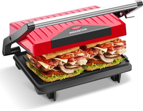 Aigostar Warme 30HHH Panini Maker/Griglia, Pressa a sandwich, Griglia elettrica, 700 Watt, Fredda al tocco, Antiaderente, Indicatore luminoso, Rossa. Design esclusivo.