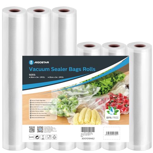 Aigostar Sacchetti Sottovuoto per Alimenti, Confezione da 6 Rotoli 20 x 300 cm e 28 x 300 cm, BPA FREE, Sacchetti Sottovuoto Riutilizzabili. Compatibile con Tutte le Macchine Sottovuoto per Alimenti