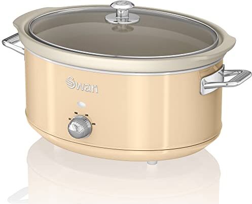 Swan Retro  Pentola Cottura Lenta 6,5L Contenitore Estraibile, Antiaderente Ceramica Libera PFOA e PTFE, 3 Livelli Temperatura, Coperchio Vetro, Slow Cooker Design Vintage, Crema, 320W