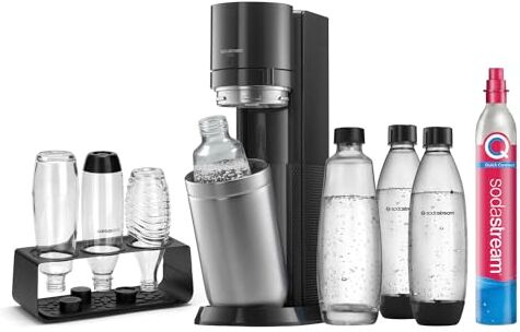 SodaStream Set di 2 bombole di vetro da 1 l, 2 bottiglie di vetro da 1 l, 2 bottiglie di plastica da 1 l, lavabili in lavastoviglie e portabottiglie sintico, altezza: 44 cm, colore: titanio