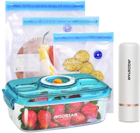 Aigostar Fresh Kit Mini Pompa elettrica sottovuoto per alimenti. Inclusi sacchetti e contenitore sottovuoto. Uso Domestico