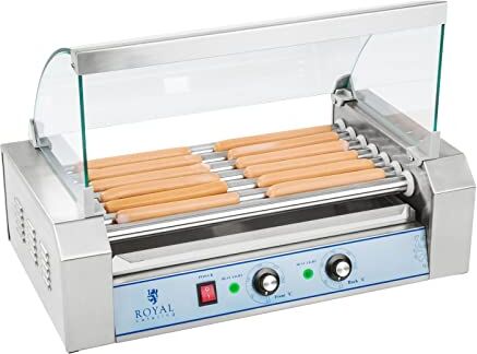 Royal Catering Hot Dog Grill Hot Dog Macchina Hot Dog Maker (7 rotoli, spazio per 12 salsicce, 1.400 W, 2 zone di riscaldamento, acciaio inossidabile) argento