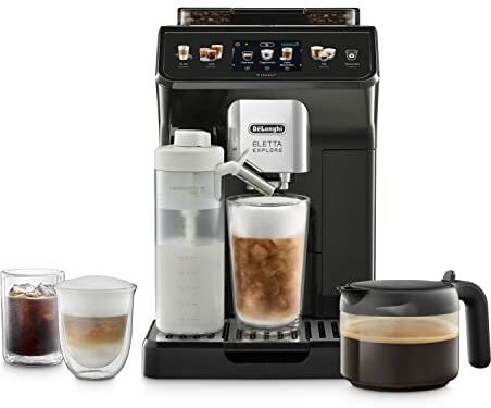 DeLonghi Eletta Explore  Macchina Caffè Automatica con Caraffa Montalatte Automatica, Tecnologia LatteCrema Hot e Cool, Tecnologia Cold Extraction, Schermo Touch Colori, Caraffa Inclusa