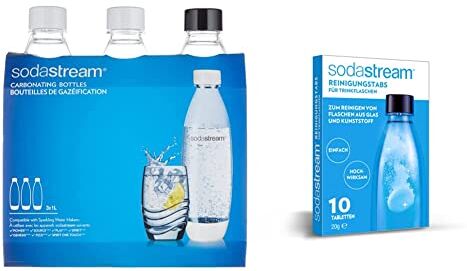 sodastream Bottiglie Fuse per Gasatore Source, Play, Power, Spirit, Fizzi e Genesis, Capienza 1 litro, Confezione da 3 (3 x 1 L) & Pastiglie per la Pulizia Bottiglie, 10 Unità