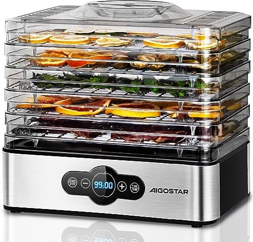 Aigostar Crispy Essiccatore alimentare, 240W, 5 vassoi, essiccatura automatica, ottimo per frutta, carne, verdura ecc. controlli digitali, impostazione manuale di tempo e temperatura. Senza BPA.