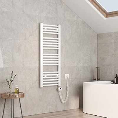 EMKE Scaldasalviette elettrico con termostato, 1200 x 400 mm, curvo, bianco, scaldasalviette con barra riscaldante da 500 W EMKE Scaldasalviette elettrico con termostato, 1200 x 400 mm, curvo, bianco, scaldasalviette con barra riscaldante da 500 W