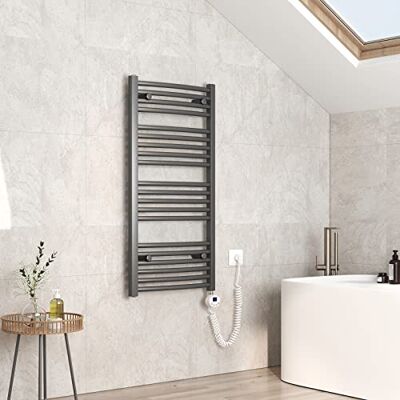EMKE Scaldasalviette elettrico, 100 x 50 cm, curvo, termosifone elettrico con termostato, scaldasalviette, scaldasalviette elettrico con barra riscaldante, antracite, 500 Watt EMKE Scaldasalviette elettrico, 100 x 50 cm, curvo, termosifone elettrico con termostato, scaldasalviette, scaldasalviette elettrico con barra riscaldante, antracite, 500 Watt