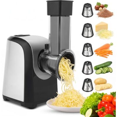 COOCHEER Tagliaverdure Elettrico 5 in 1 150W, Lame in Acciaio Inox, Argento Affettaverdure con 5 coni per verdure, formaggio e noci. Macchina per insalata automatica, senza BPA e facile da pulire COOCHEER Tagliaverdure Elettrico 5 in 1 150W, Lame in Acciaio Inox, Argento Affettaverdure con 5 coni per verdure, formaggio e noci. Macchina per insalata automatica, senza BPA e facile da pulire