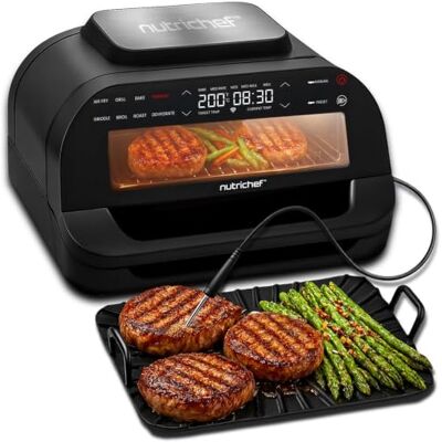 NutriChef Grill per interni senza fumo, Smart Grill e friggitrice ad aria calda con 7 funzioni di cottura, capacità 6 l, include termometro intelligente, controllo preciso della temperatura, piastre NutriChef Grill per interni senza fumo, Smart Grill e friggitrice ad aria calda con 7 funzioni di cottura, capacità 6 l, include termometro intelligente, controllo preciso della temperatura, piastre
