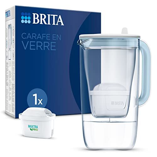 Brita Caraffa filtrante in vetro blu (2,5 l) incl. 1 cartuccia filtro acqua rubinetto MAXTRA PRO All-in-1 riduce calcare, cloro, alcune impurità e metalli indicatore tempo e volume versato