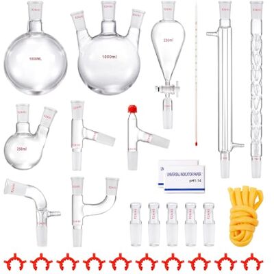 VEVOR Kit di distillazione da laboratorio, kit di distillazione 3.3 Boro con 24, 40 giunti, distillazione di oli essenziali da 1000 ml, set di attrezzature per vetreria da 29 pezzi VEVOR Kit di distillazione da laboratorio, kit di distillazione 3.3 Boro con 24, 40 giunti, distillazione di oli essenziali da 1000 ml, set di attrezzature per vetreria da 29 pezzi