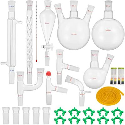 VEVOR Kit di distillazione da laboratorio, kit di distillazione 3.3 Boro con 24, 40 giunti, distillazione di oli essenziali da 1000 ml, set di attrezzature per vetreria da 29 pezzi VEVOR Kit di distillazione da laboratorio, kit di distillazione 3.3 Boro con 24, 40 giunti, distillazione di oli essenziali da 1000 ml, set di attrezzature per vetreria da 29 pezzi