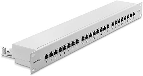 deleyCON CAT6a Patch Panel 24 Porte del Desktop 19" Pollici Montaggio Rack Assemblaggio del Server 24x RJ45 Schermato TIA568A TIA568B Grigio Chiaro