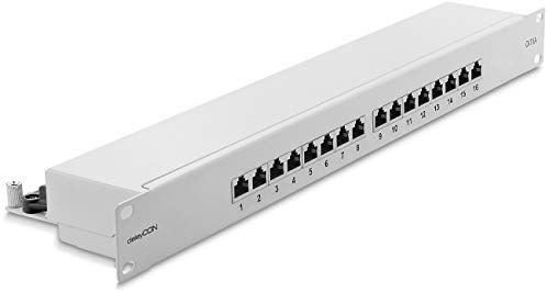 deleyCON CAT6a Patch Panel 16 Porte del Desktop 19" Pollici Montaggio Rack Assemblaggio del Server 16x RJ45 Schermato TIA568A TIA568B Grigio Chiaro