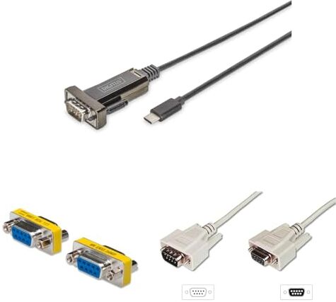 Digitus Set: Adattatore da USB-C a seriale Convertitore RS232 Da USB 2.0 Type-C a DSUB 9M Chipset FTDI FT232RL Cavo da 1 m Con scambiatore di genere D-Sub 9, cavo di prolunga D-Sub 9 da 3 m