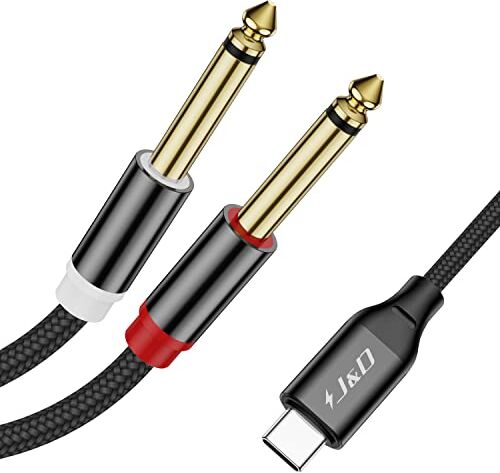 J&D Cavo audio splitter stereo a Y da USB C a doppio 6,35 mm 1/4 pollici, cavo audio USB tipo C a doppio TS da 6,35 mm 1/4 pollici per iPhone serie 15, smartphone tablet laptop amplificatore, 2 m