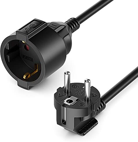 deleyCON 2m Prolunga Cavo di Alimentazione Cavo di Rete Cavo di Corrente Estensione Spina di Sicurezza Tipo F (CEE 7/4) 90° su Socket (CEE 7/3) Protezione Contatti TV PC Computer Beamer Nero