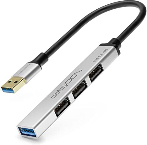 deleyCON Hub USB a 4 Porte 4x Attacchi USB-A (1x Presa USB 3.0 // 3x Presa USB2.0) Cavo 15cm con Connettore USB-A Argento