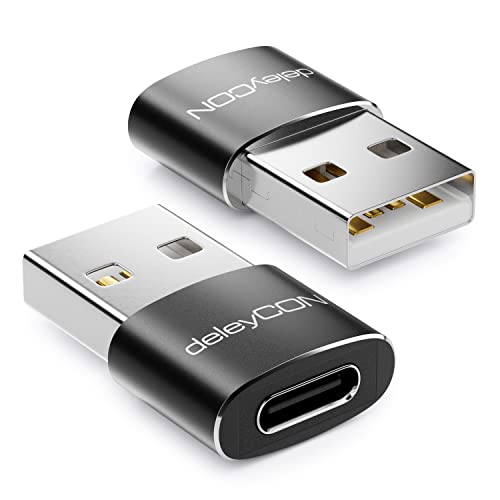deleyCON Adattatore da USB C a USB [2 Pezzi] da Presa USB C a Connettore USB A per PC Computer Laptop Notebook Alluminio Nero