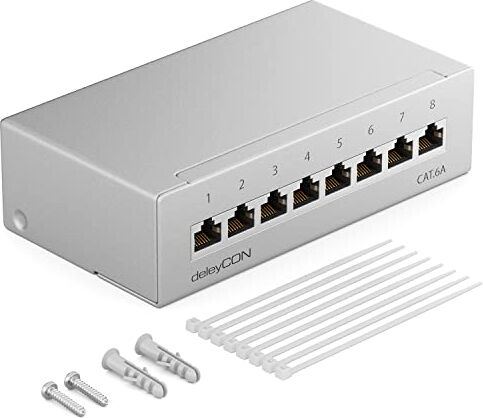 deleyCON CAT 6a Pannello Patch Distribuzione con 8 Porte 1RU Montaggio a Parete e Desktop Schermatura 8 Prese RJ45 Cavi d'Installazione Rete Ethernet TIA568A TIA568B in RAL7035 Grigio Chiaro